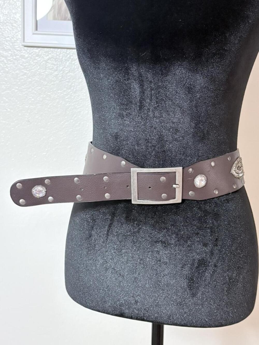 Dark Brown Studded Belt Embossed Medallion Silver Studs Wide Faux Leather